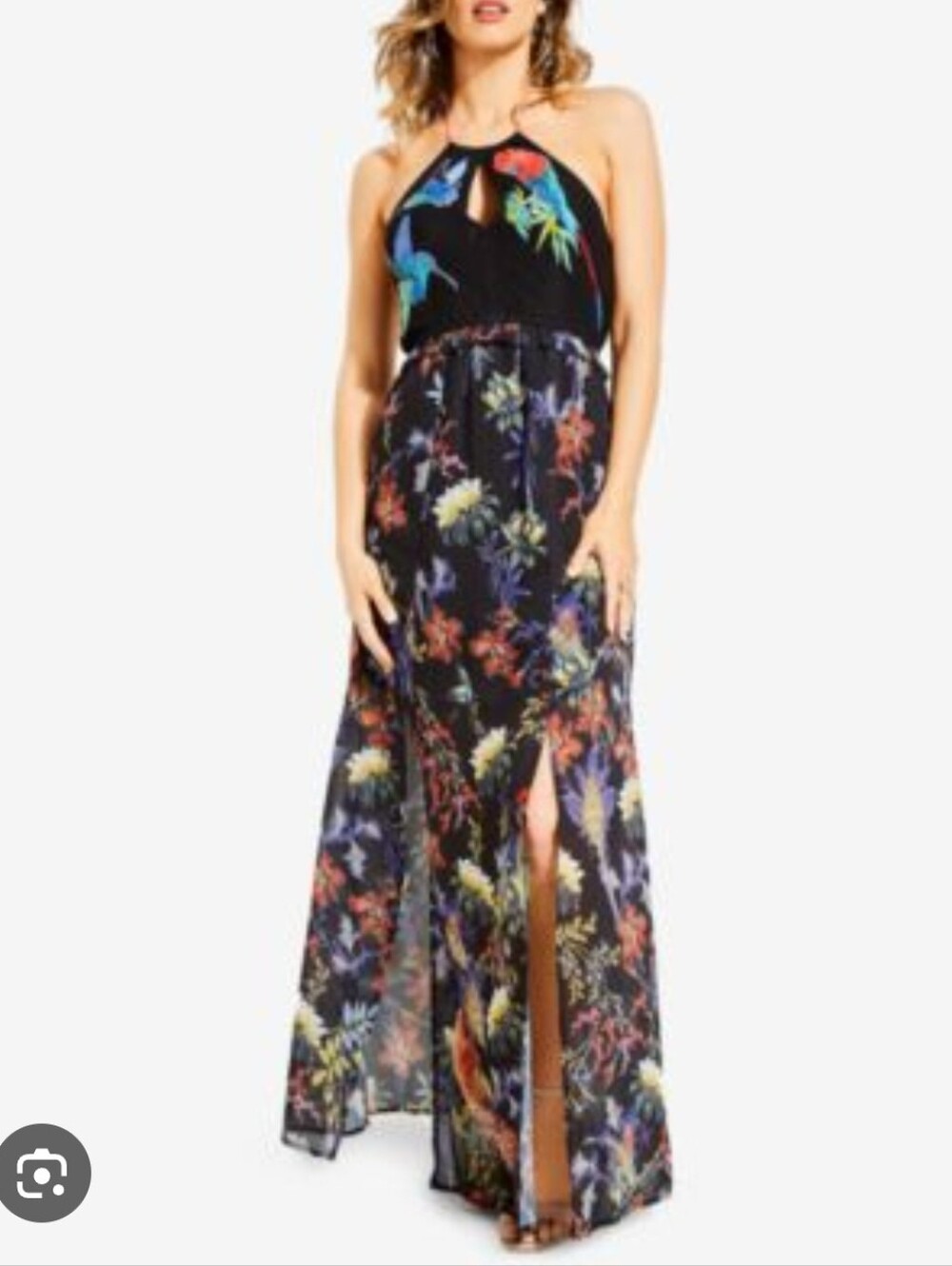 Guess Black Halter Maxi Dress with Multicolor Bird & Floral Print